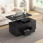 Table basse moderne multifonctionnelle à plateau relevable avec rangement caché, 4 tabourets et roulettes, idéale pour les espaces de vie modernes