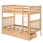 Stapelbed van massief hout voor kinderen, twee eenpersoonsbedden boven elkaar, met opberglades onder het bed