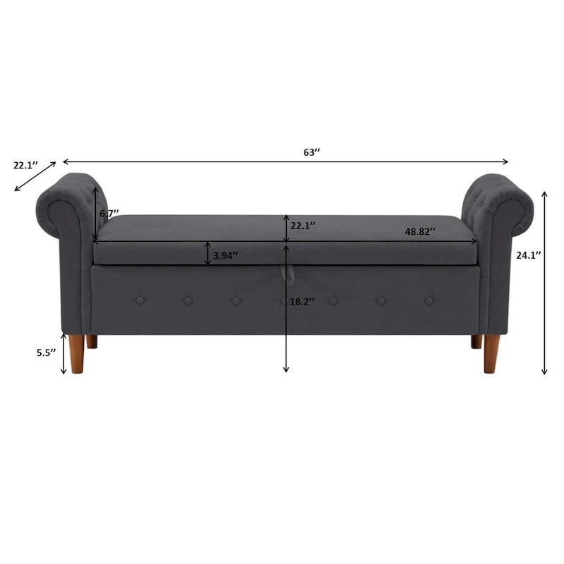 Aufbewahrungsbank fürs Schlafzimmer am Fußende des Bettes, Samt-Ottomane mit gerollten Armlehnen, langes Sofa