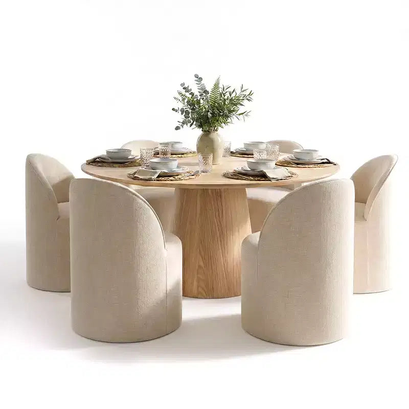 Conjunto de jantar moderno para 6 pessoas, mesa redonda com pé central, cadeiras giratórias tipo barril com rodas, chenille texturizado - Panipeachy