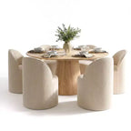 Conjunto de jantar moderno para 6 pessoas, mesa redonda com pé central, cadeiras giratórias tipo barril com rodas, chenille texturizado - Panipeachy