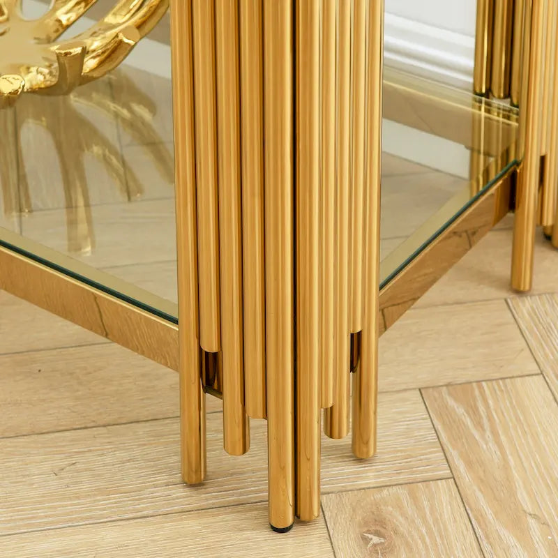 Smalle consoletafel met 2 niveaus, goudkleurig metalen frame en blad van gehard glas
