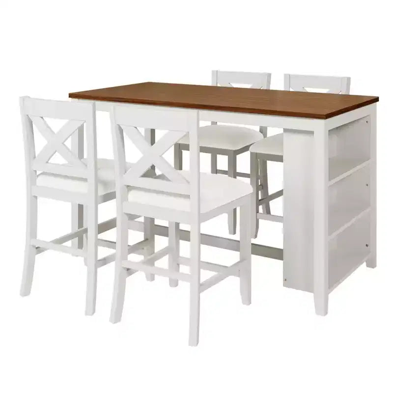 Set Homy Casa da 5 pezzi con tavolo da pranzo e sedie ad altezza bancone, ripiani contenitori, bianco e noce, stile rustico moderno
