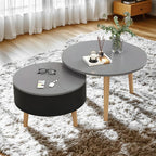 Moderne ronde houten salontafel in zwart-wit met opbergruimte