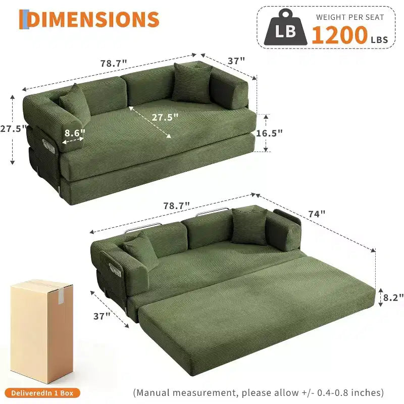 5-in-1-Schlafsofa, 78.8 modulares Cordsofa mit stabilem Gestell, multifunktionales Futon für kleine Räume, Wohnzimmer und Gästezimmer