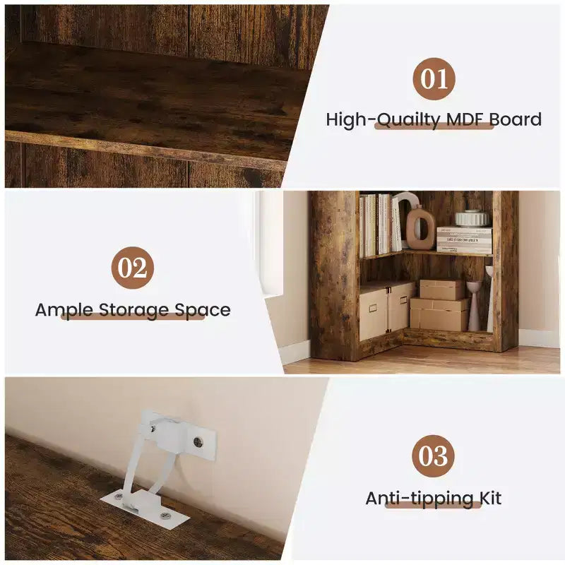 Nero/Bianco/Legno/Retrò, libreria angolare a L, a 5 ripiani, singola