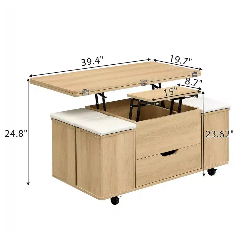 Table basse moderne multifonctionnelle à plateau relevable avec rangement caché, 4 tabourets et roulettes, idéale pour les espaces de vie modernes
