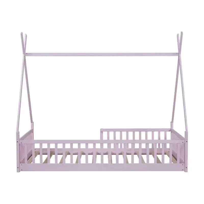 Kinder-Bodenbett, Zeltbett in Einzelbettgröße, Montessori-Bodenbett mit Lattenrost und Schutzgittern, Bettrahmen aus Holz in Hausform für Jungen und Mädchen