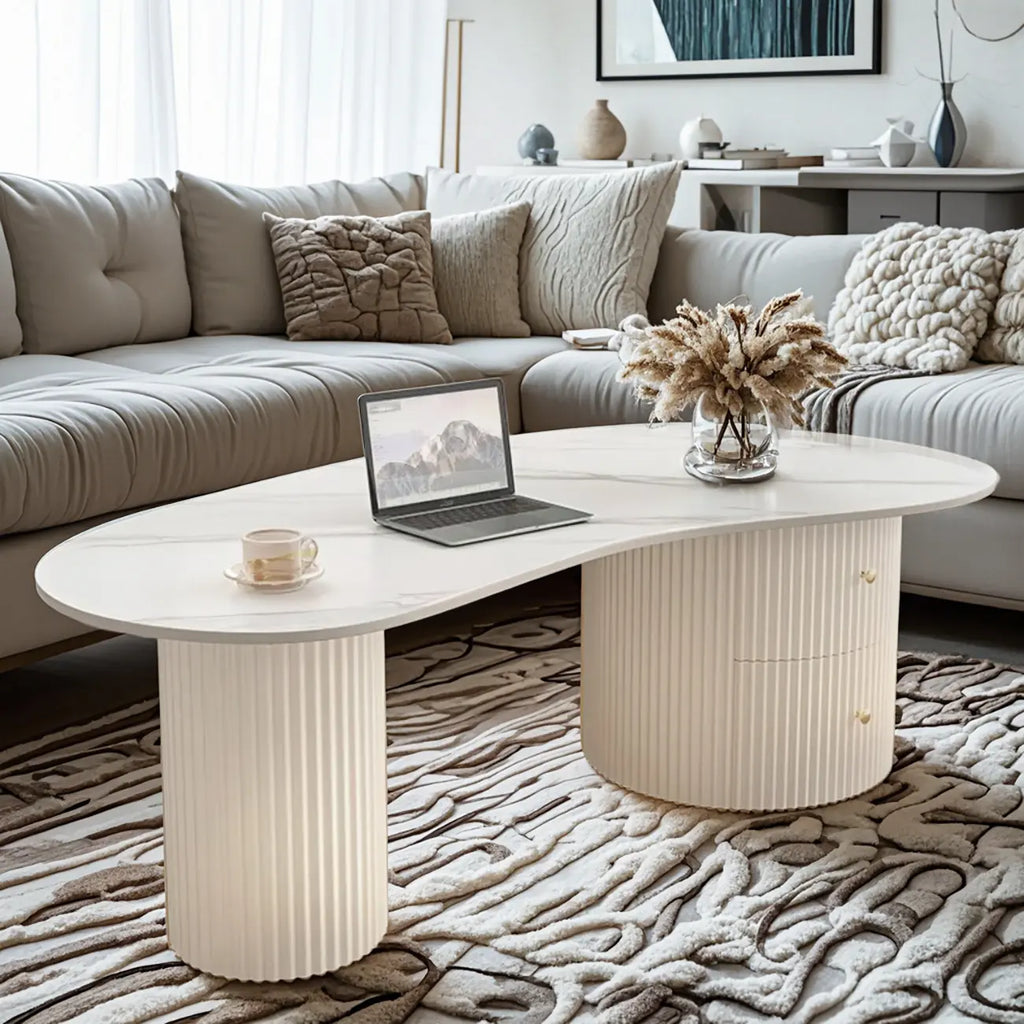 Minimalistische standaard witte ovale salontafel met 2 laden