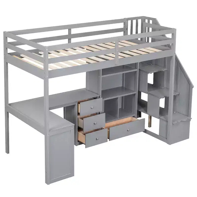Halfhoogslaper in eenpersoonsmaat met L-vormig bureau, 3 laden, kast, opbergruimte in de trap, frame van massief grenenhout en MDF