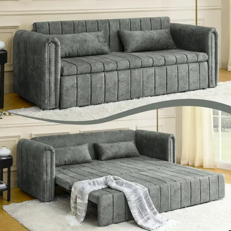 Nowoczesna rozkładana sofa z funkcją spania, tapicerowana aksamitem, z zaokrąglonymi podłokietnikami ozdobionymi miedzianymi ćwiekami