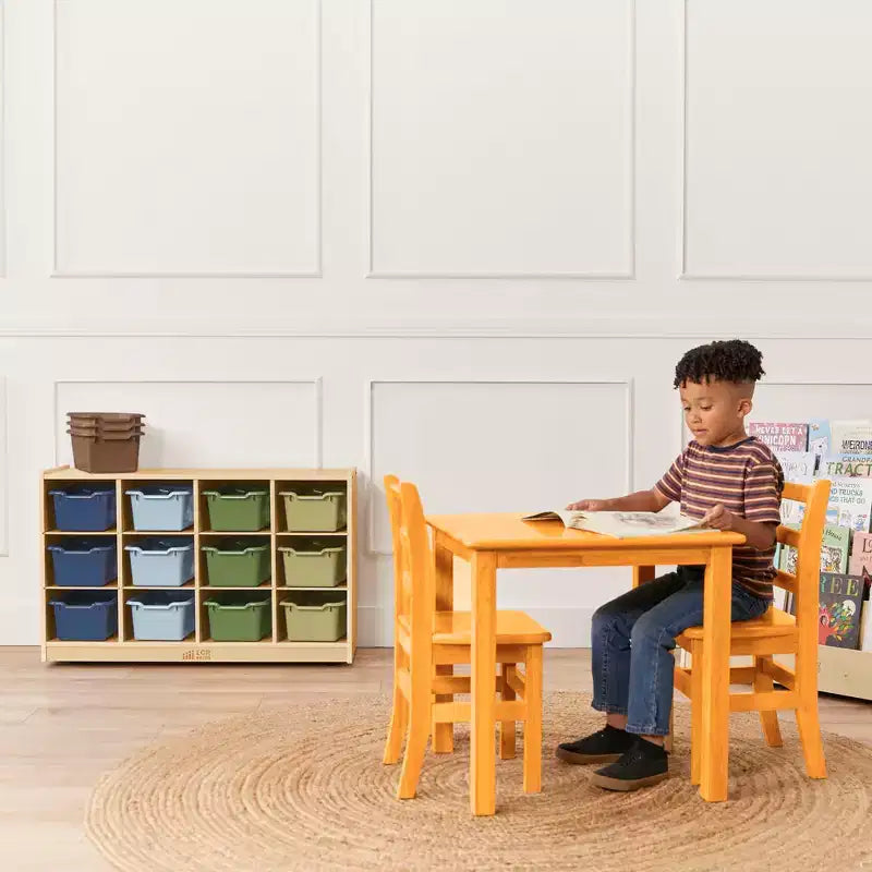 Mobiler Fächerschrank mit Tablettfächern und 15 Behältern mit Schaufelfront, 3x4, Kindermöbel