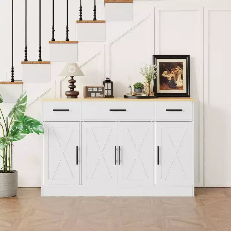 Aparador Celebalcony com arrumação, armário de cozinha grande de 53.4 com 3 gavetas e 4 portas, prateleira ajustável para cozinha e sala de estar