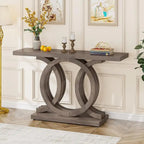 Vintage consoletafel met geometrisch onderstel, houten haltafel