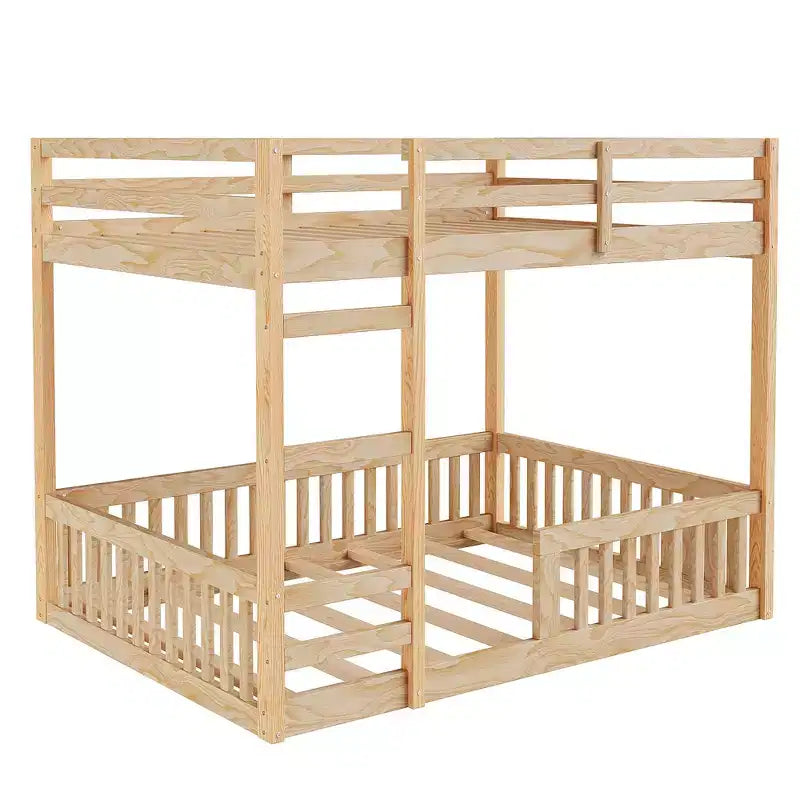 Letto a castello in legno a due piazze con scala e sponde di protezione, letto a castello basso a due piazze con supporto a doghe