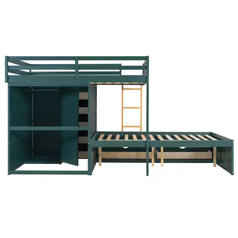 Etagenbett in Full-over-Full-Größe mit Kleiderschrank und Schubladen, platzsparendes Etagenbett aus Holz in Full-Größe mit Rausfallschutz für Wohnung und Schlafzimmer