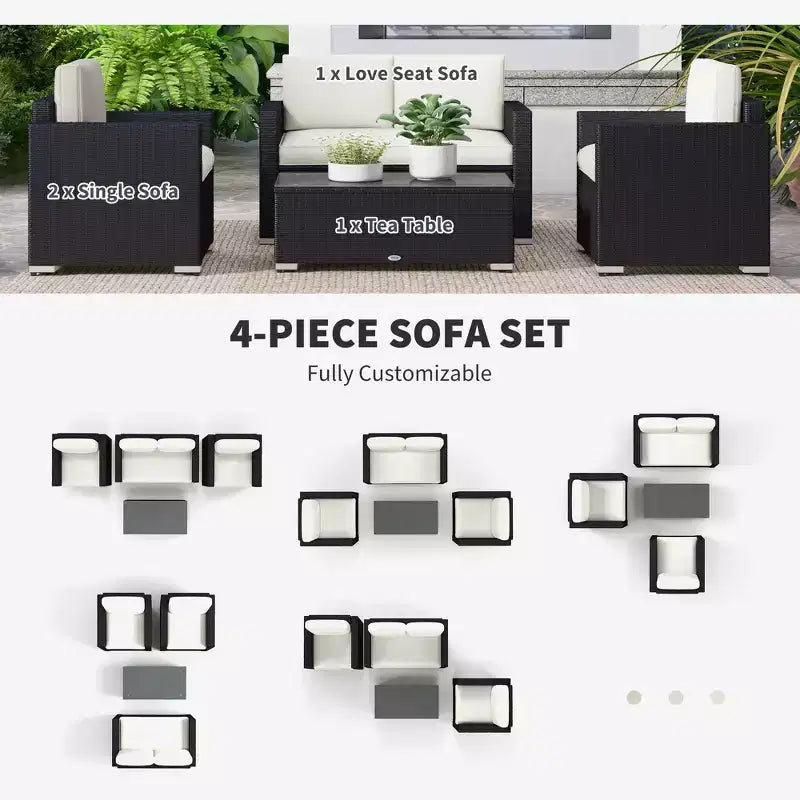 4-delige tuinset van rotan, loungeset van vlechtwerk met loveseat, stoelen en salontafel met glazen blad voor buiten