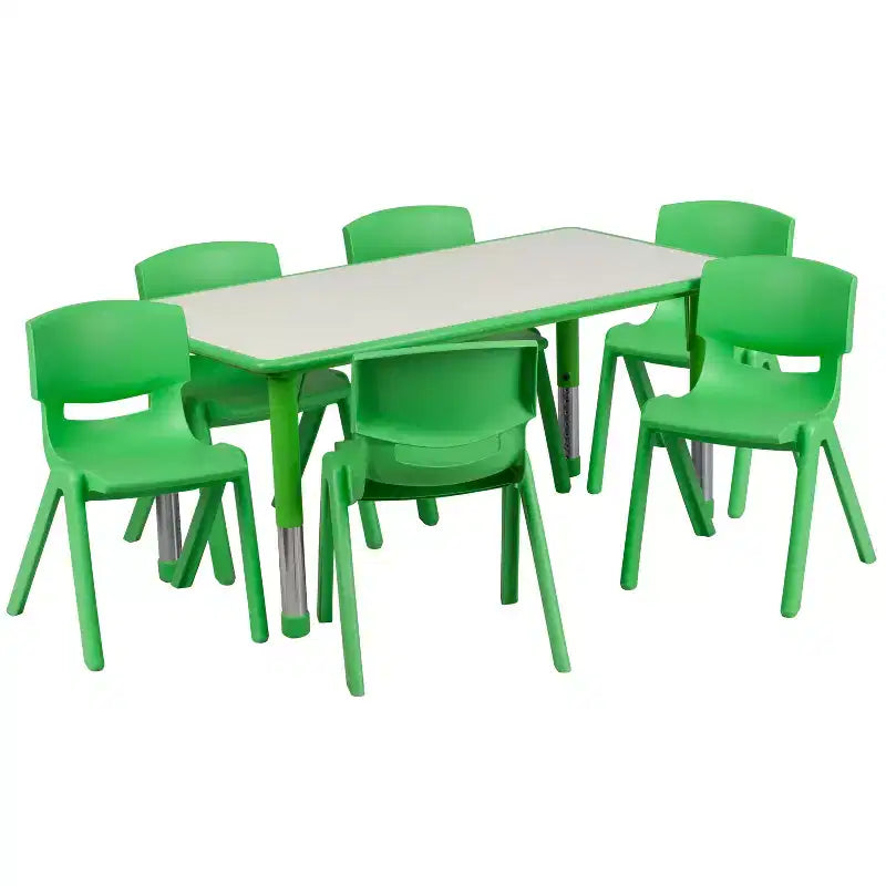 Conjunto Emma and Oliver de mesa retangular de atividades em plástico, com altura ajustável, 23.625W x 47.25L e 6 cadeiras