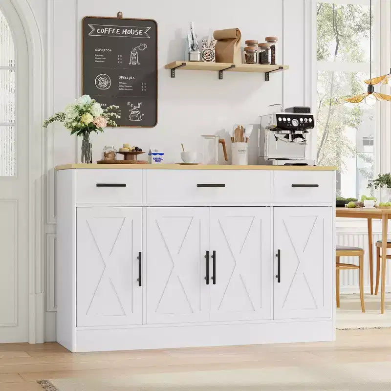 Aparador Celebalcony com arrumação, armário de cozinha grande de 53.4 com 3 gavetas e 4 portas, prateleira ajustável para cozinha e sala de estar