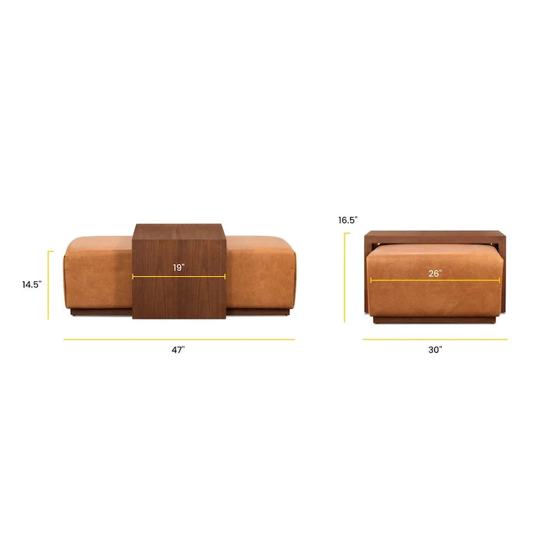 Pouf Jarmo Poly & Bark avec tablette en noyer réglable - cuir italien véritable pleine fleur