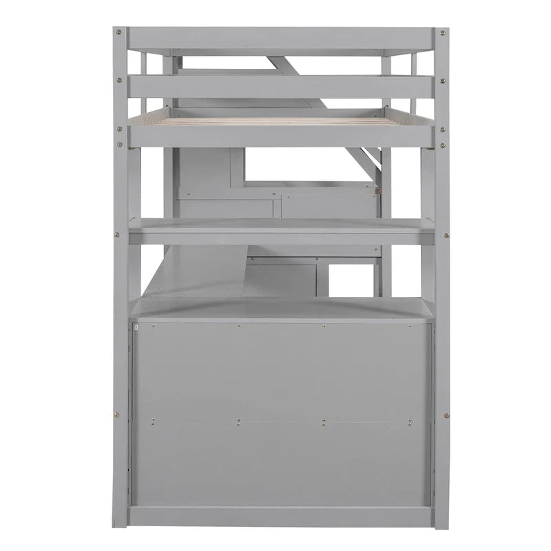 Lit mezzanine pour une personne avec bureau et étagères, deux tiroirs intégrés et escalier de rangement