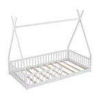 Kinder-Bodenbett, Zeltbett in Einzelbettgröße, Montessori-Bodenbett mit Lattenrost und Schutzgittern, Bettrahmen aus Holz in Hausform für Jungen und Mädchen