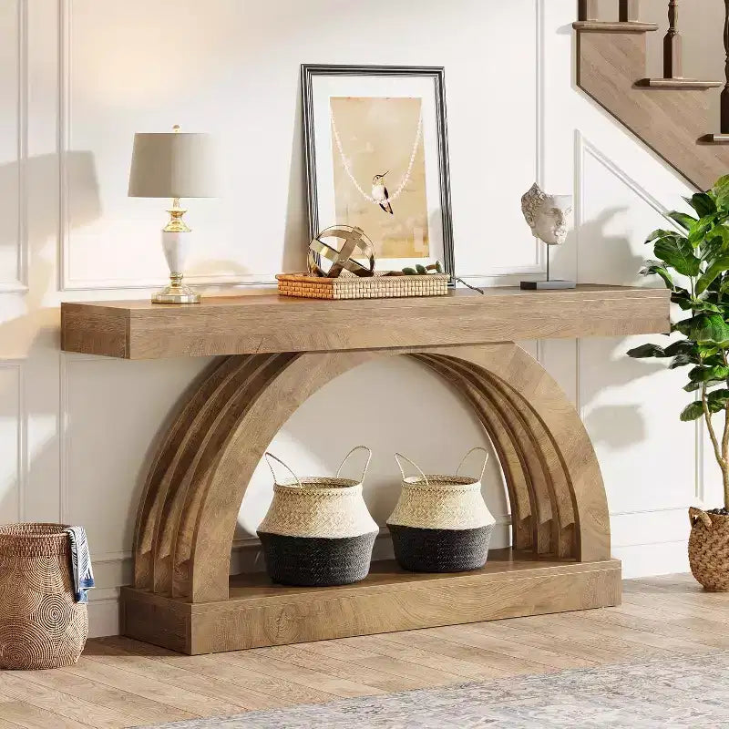 Lantine 63-Zoll-Eingangstisch, zweistöckiger Sofatisch hinter dem Sofa, schmale, einzigartige Konsole im Landhausstil mit Bogenform für Flur, Wohnzimmer und Eingangsbereich, naturfarben