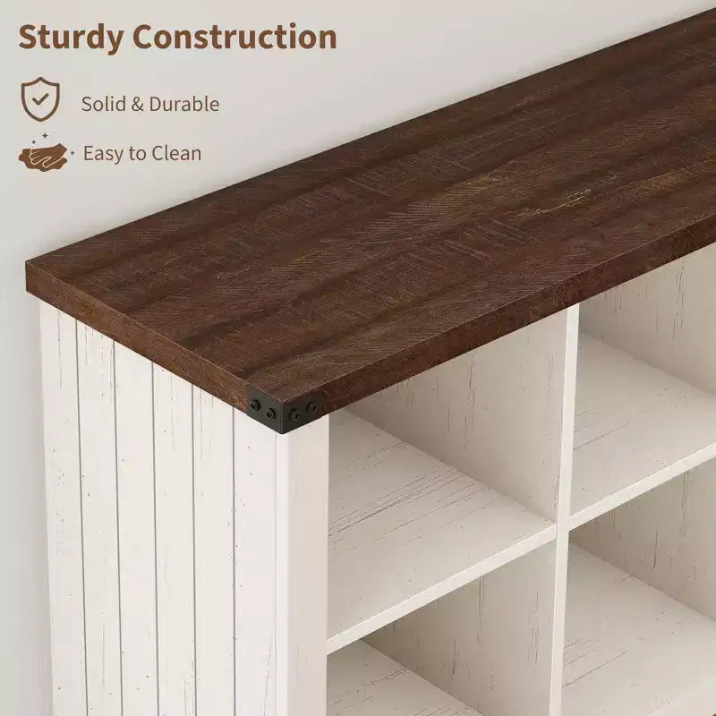 Bücherregal mit 8 Fächern, im Landhausstil, waagerecht, 62 Inch, aus Holz, für den Eingangsbereich, langes, niedriges Bücherregal fürs Wohnzimmer