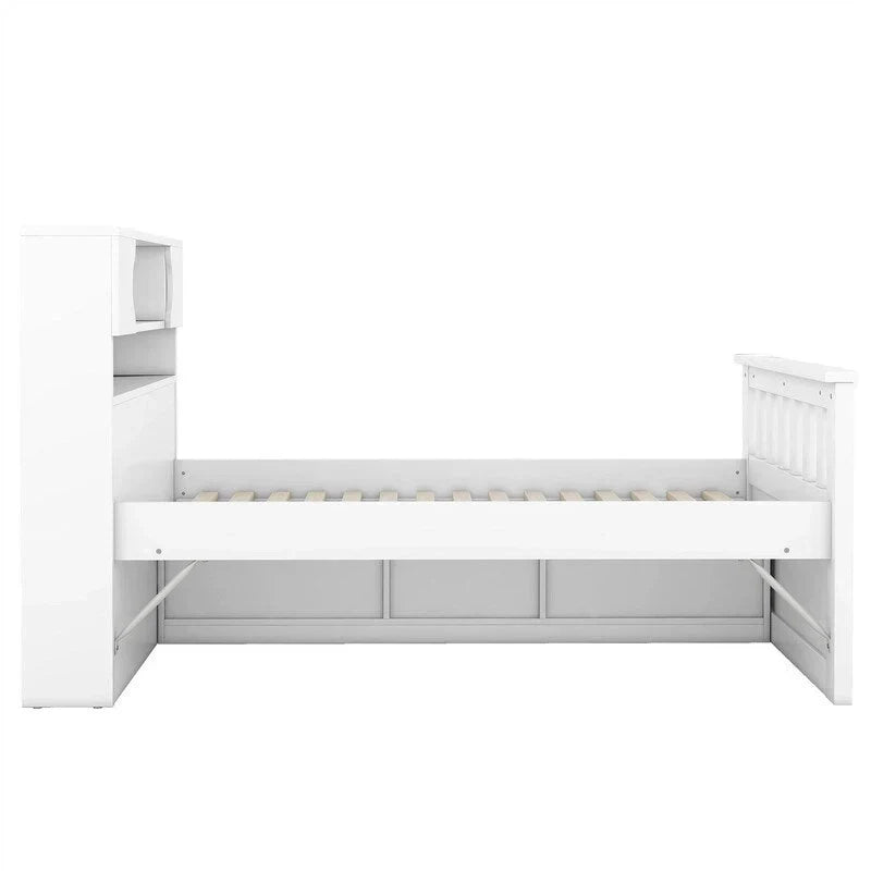 Lit plateforme capitaine une place/deux places avec 4 tiroirs et étagères de rangement, cadre en bois massif avec tête de lit bibliothèque et rangements