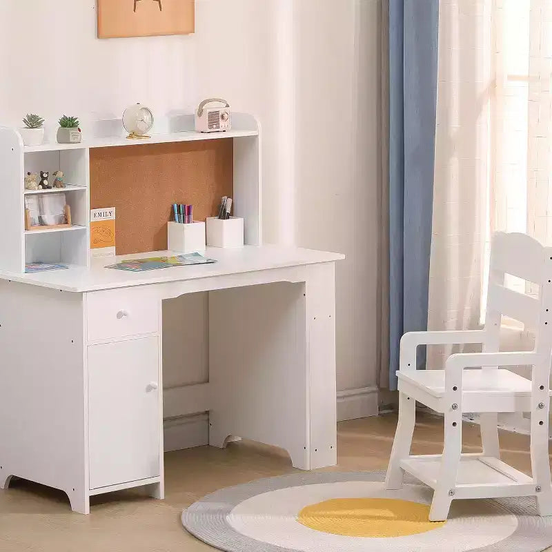Kinderschreibtisch mit Stuhl für Jungen und Mädchen, hölzerner Kinderschreibtisch mit Bücherregal, Pinnwand, Schrank und Schublade, für Kinder von 3-8 Jahren