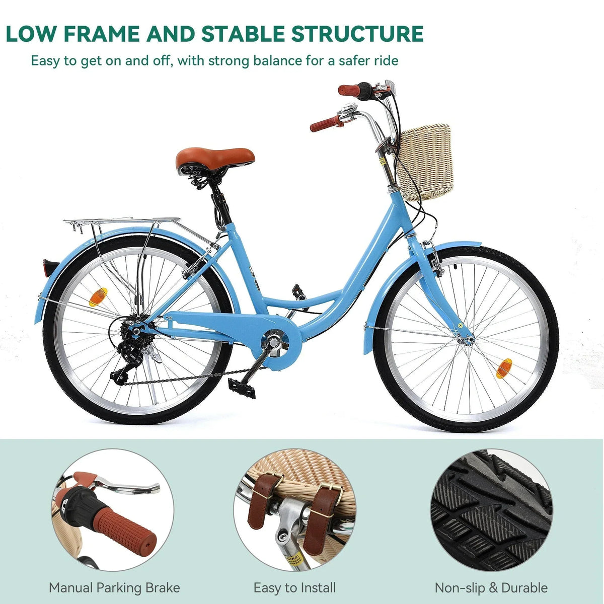 Moasis24/ 26 Cruiser-Fahrrad mit 7 Gängen, verstellbarer Tiefeinstieg, Pendlerfahrrad