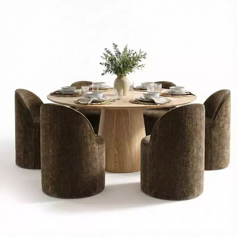 Conjunto de jantar moderno para 6 pessoas, mesa redonda com pé central, cadeiras giratórias tipo barril com rodas, chenille texturizado - Panipeachy