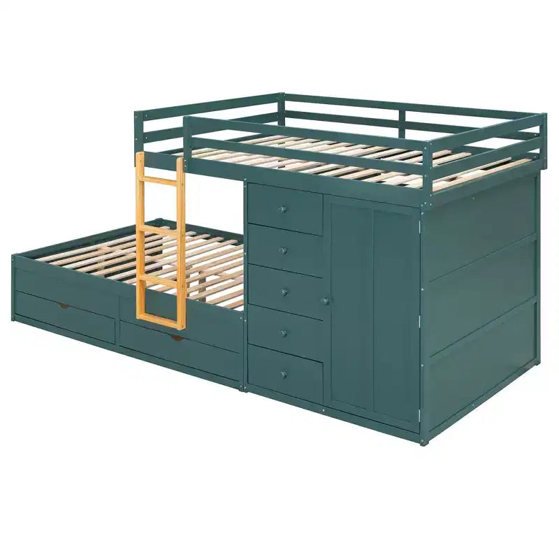 Etagenbett in Full-over-Full-Größe mit Kleiderschrank und Schubladen, platzsparendes Etagenbett aus Holz in Full-Größe mit Rausfallschutz für Wohnung und Schlafzimmer