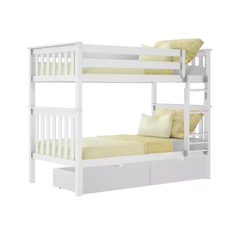 Stapelbed van massief hout voor kinderen, twee eenpersoonsbedden boven elkaar, met opberglades onder het bed