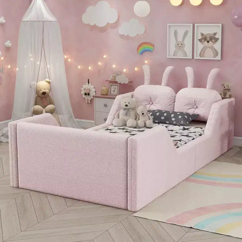 Whisen eenpersoonsbed met platform, gestoffeerd kinderbedframe voor op de vloer met konijnenkussen en afneembare zijhekken