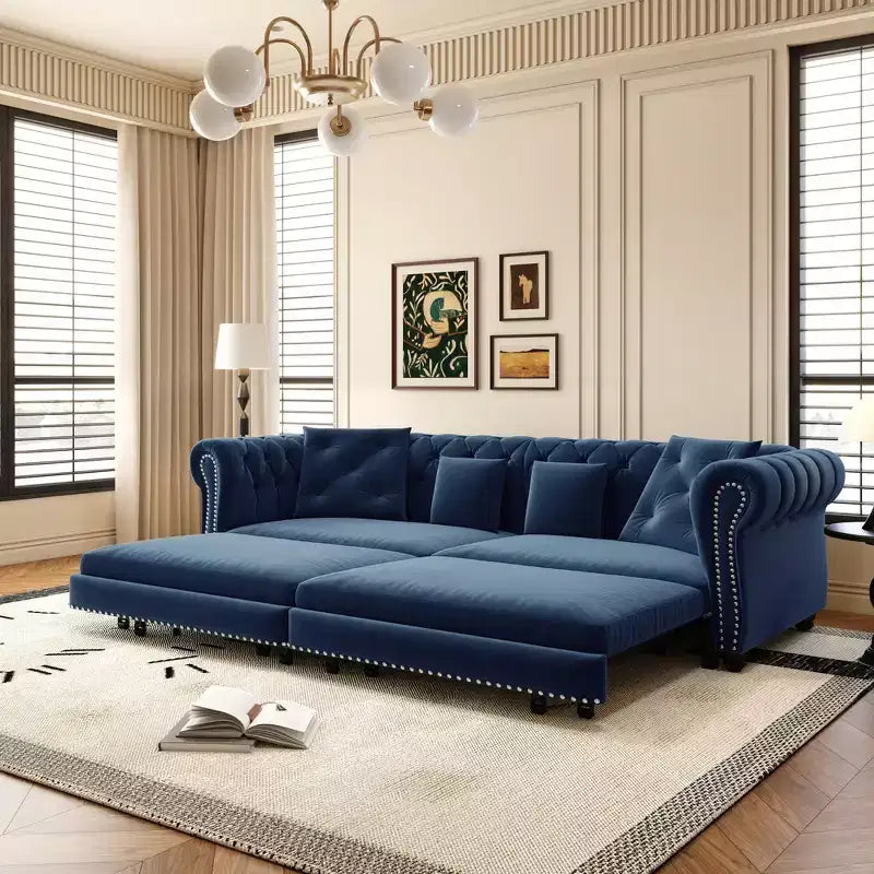 Whisen Schlafsofa aus Samt, 3-in-1, King Size, ausziehbar und umwandelbar, mit beweglichem Ottomanen, gestepptes Design