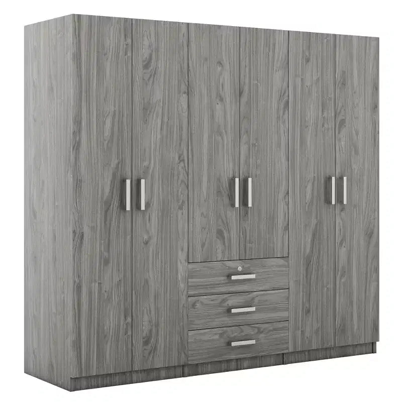 Guarda-roupa de madeira com 6 portas e gavetas para quarto
