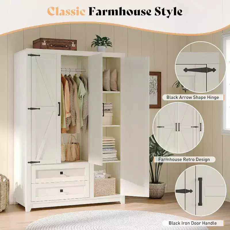 AMERLIFE 47-Zoll-Kleiderschrank im Landhausstil mit 3 Türen, 2 Schubladen, Kleiderstange und verstellbaren Einlegeböden, freistehender Kleiderschrank