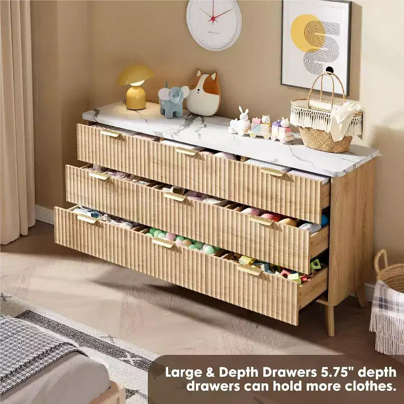 Kommode mit 9 geriffelten Schubladen, moderne Anrichte, TV-Ständer aus Holz, geschwungenes Design, für Wohnzimmer und Flur
