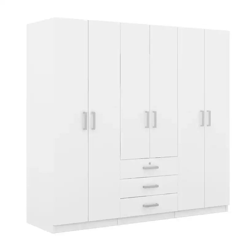 Guarda-roupa de madeira com 6 portas e gavetas para quarto