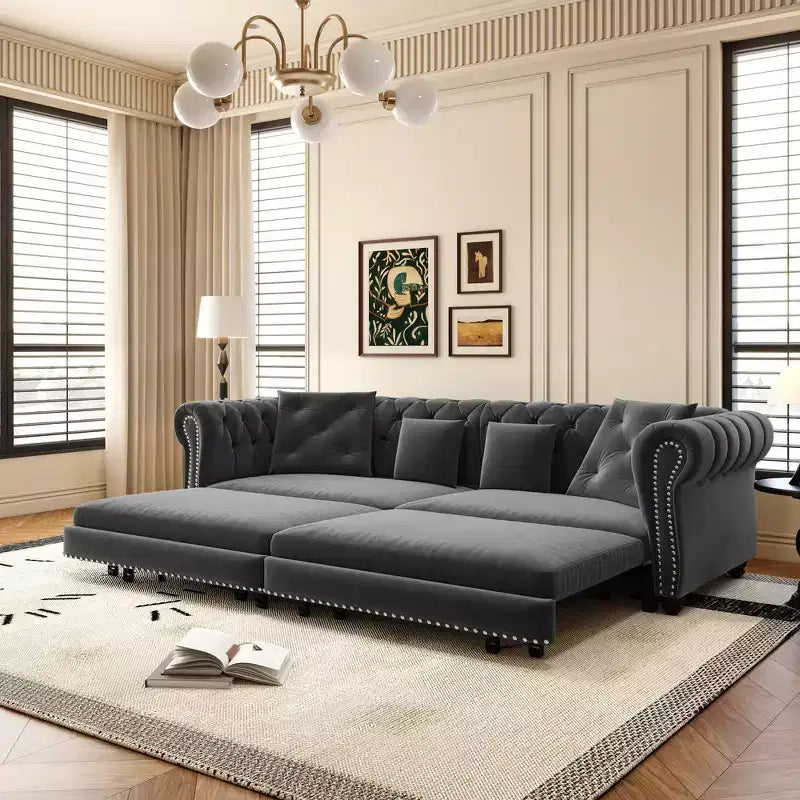Whisen Schlafsofa aus Samt, 3-in-1, King Size, ausziehbar und umwandelbar, mit beweglichem Ottomanen, gestepptes Design