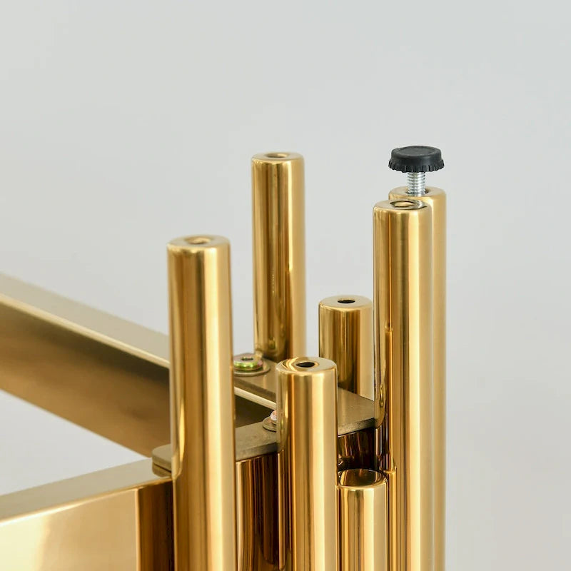 Smalle consoletafel met 2 niveaus, goudkleurig metalen frame en blad van gehard glas
