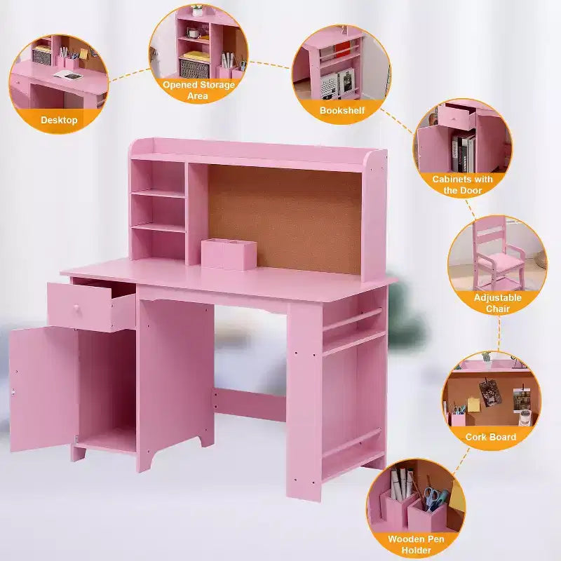 Kinderschreibtisch mit Stuhl für Jungen und Mädchen, hölzerner Kinderschreibtisch mit Bücherregal, Pinnwand, Schrank und Schublade, für Kinder von 3-8 Jahren