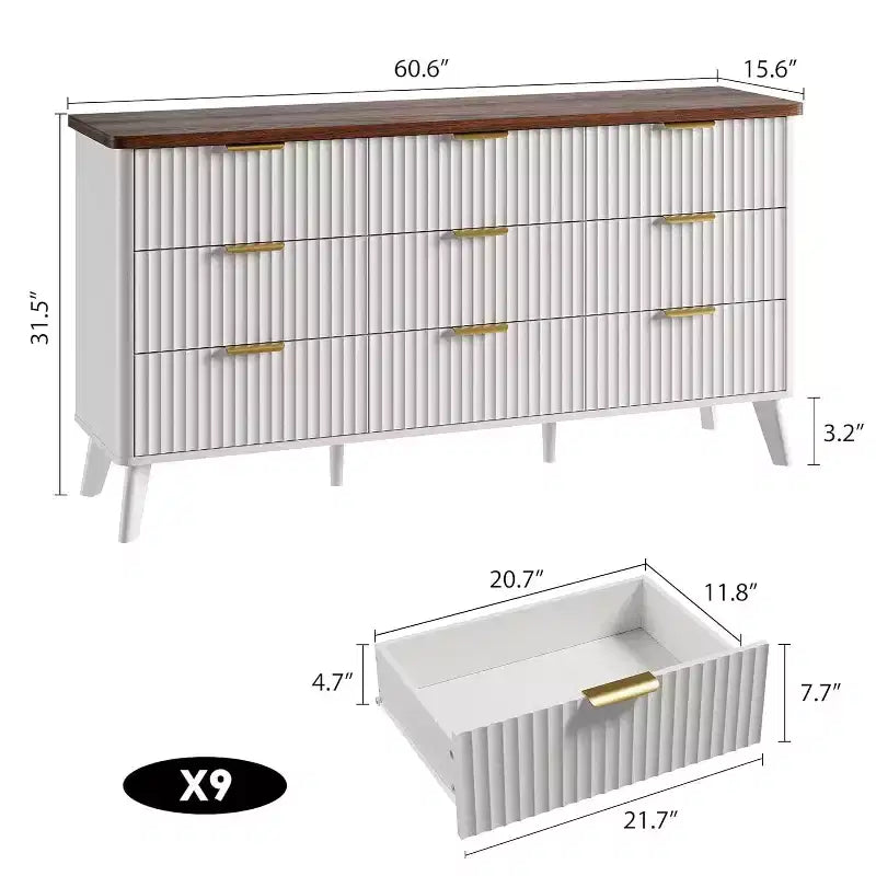 Kommode mit 9 geriffelten Schubladen, moderne Anrichte, TV-Ständer aus Holz, geschwungenes Design, für Wohnzimmer und Flur