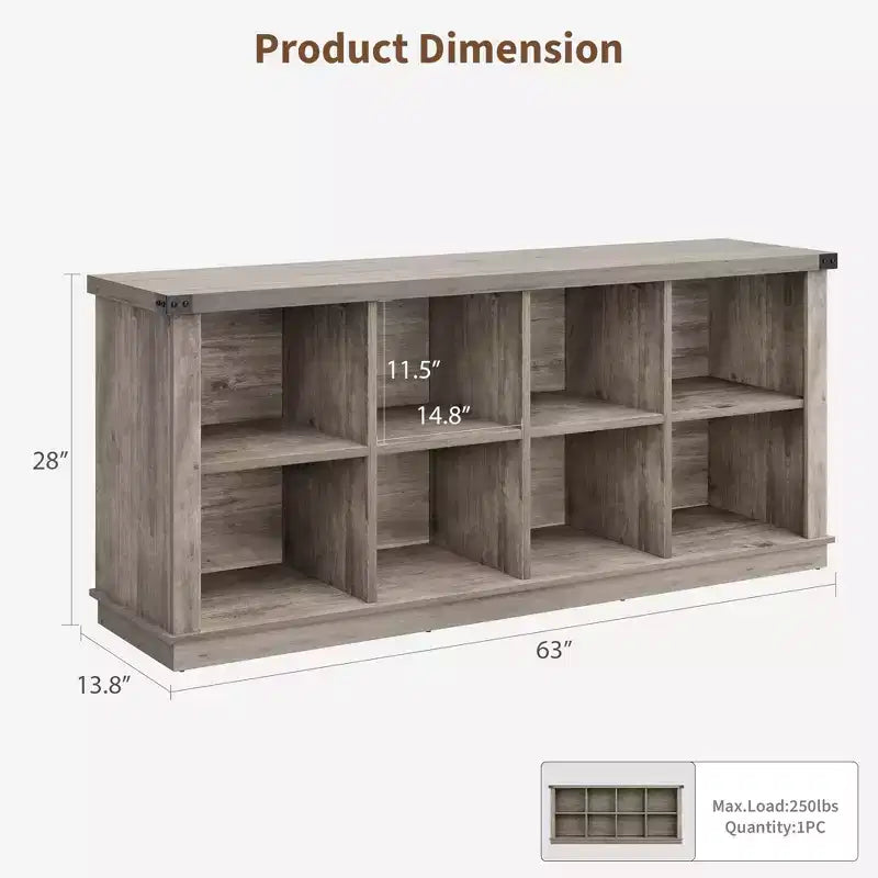 Bücherregal mit 8 Fächern, im Landhausstil, waagerecht, 62 Inch, aus Holz, für den Eingangsbereich, langes, niedriges Bücherregal fürs Wohnzimmer
