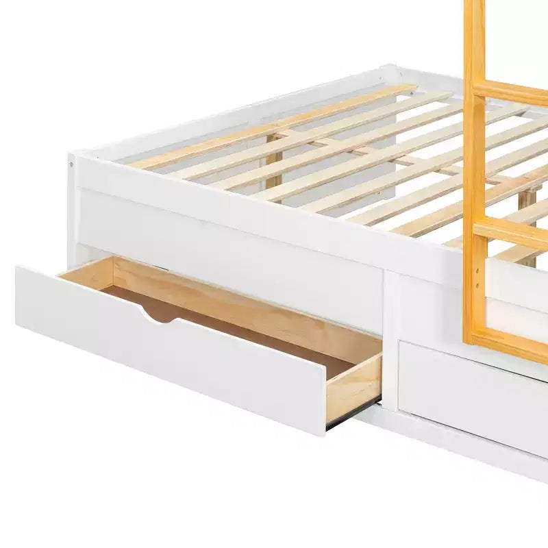 Etagenbett in Full-over-Full-Größe mit Kleiderschrank und Schubladen, platzsparendes Etagenbett aus Holz in Full-Größe mit Rausfallschutz für Wohnung und Schlafzimmer