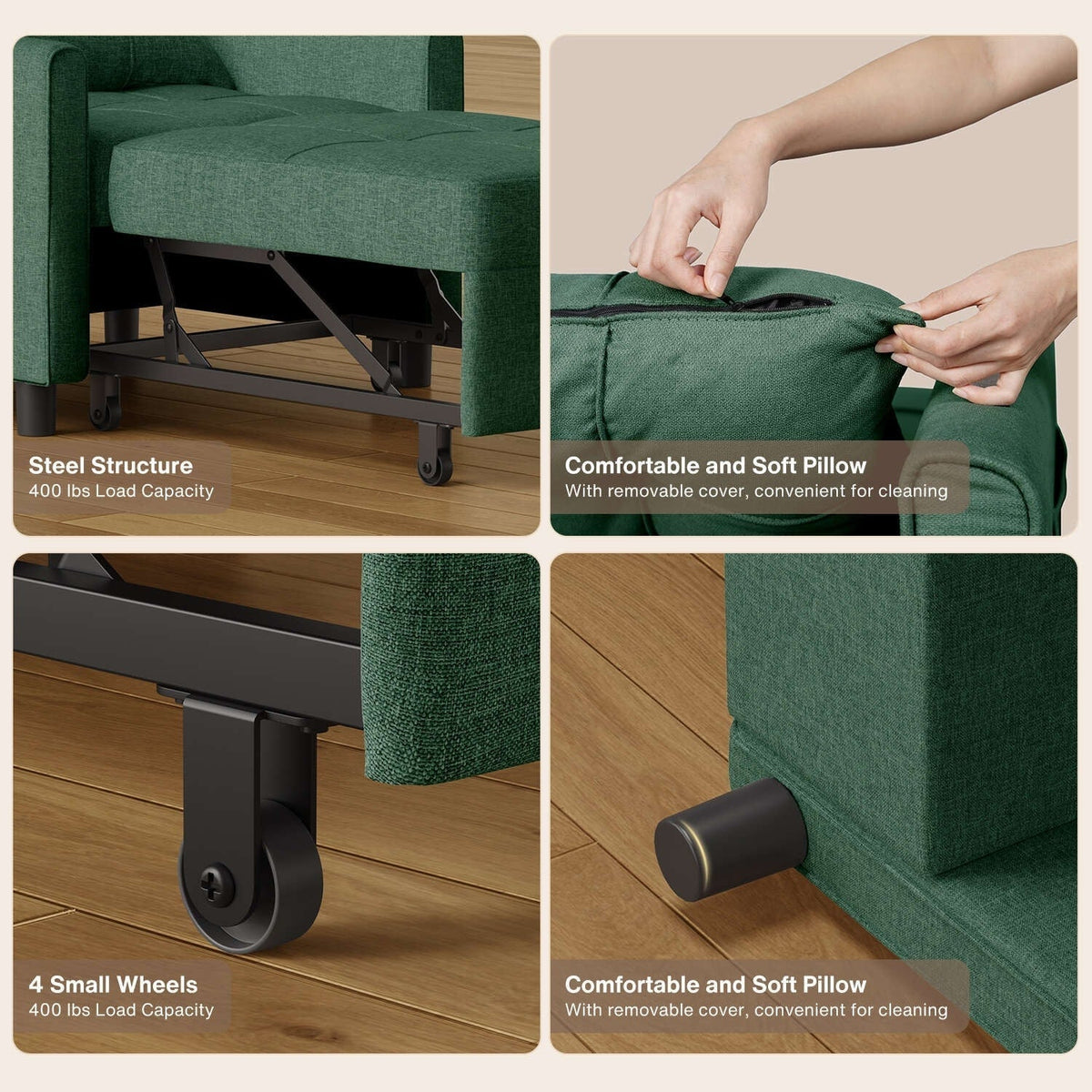 Sofá-cama ajustável 3 em 1, sofá-cadeirão extensível, cama dobrável convertível para sala de estar