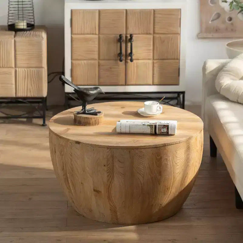 Tavolino da salotto rotondo in legno con contenitore, stile retrò, adatto al soggiorno, alla sala da pranzo o all'ufficio.