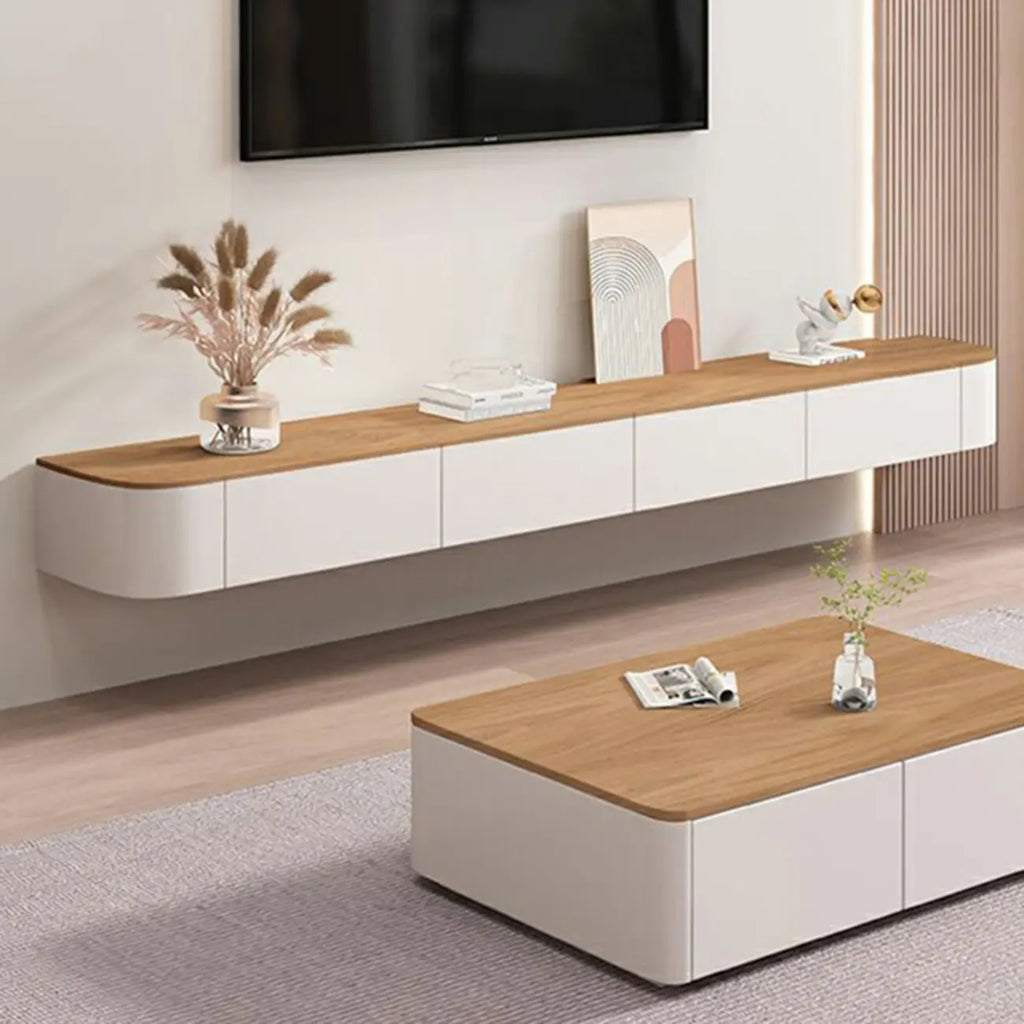 Meuble TV suspendu contemporain, long, en bois blanc, avec tiroirs