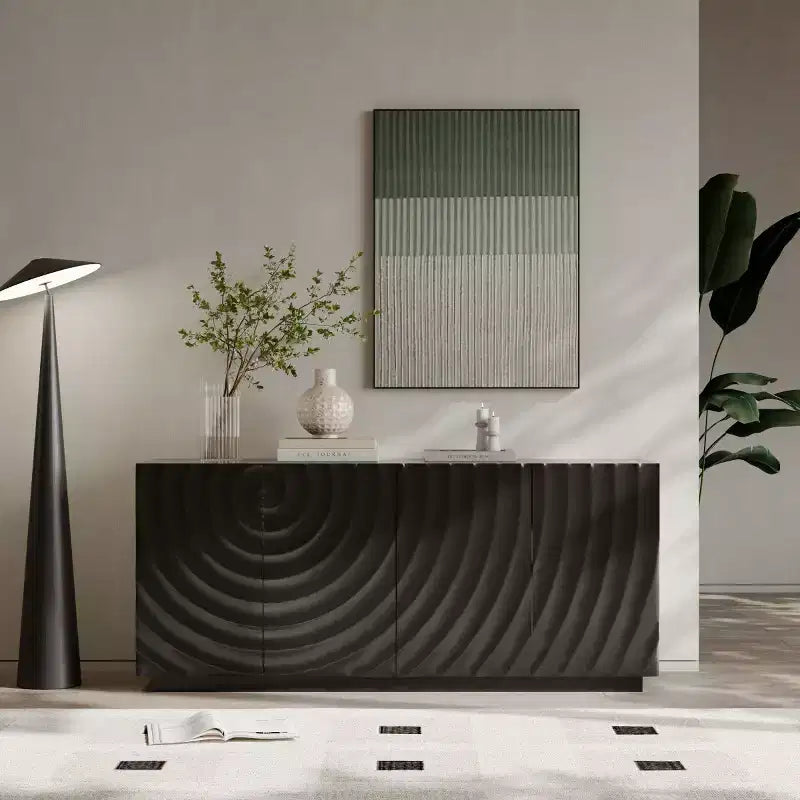 59 moderner Spiralen-Sideboardschrank, flacher kunstvoller Aufbewahrungsschrank für den Eingangsbereich mit Türen in 3D-Wellenoptik